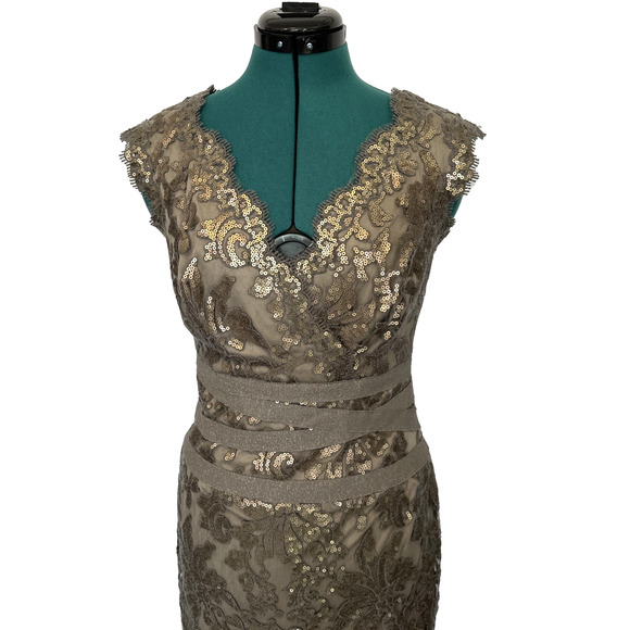 Tadashi Shoji Cocktail Dress Sequined Lace Smoked Pearl Grey‎ Bronze Size 4 - Picture 3 of 11